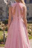 Corset rose à dos nu, robe de bal longue avec nœud d’année