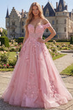 Robe de bal longue corset rose en ligne A dénudée avec des fleurs 3D