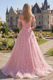 Robe de bal longue corset rose en ligne A dénudée avec des fleurs 3D