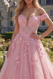 Robe de bal longue corset rose en ligne A dénudée avec des fleurs 3D