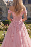 Robe de bal longue corset rose en ligne A dénudée avec des fleurs 3D