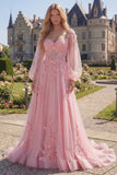 Robe longue de bal de fin d’année en corset transparent en fleurs roses, à manches longues