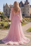 Robe longue de bal de fin d’année en corset transparent en fleurs roses, à manches longues