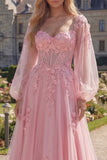 Robe longue de bal de fin d’année en corset transparent en fleurs roses, à manches longues