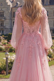 Robe longue de bal de fin d’année en corset transparent en fleurs roses, à manches longues