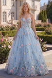 Corset floral en tulle bleu A-Line avec appliques, longue robe de bal avec fleurs 3D