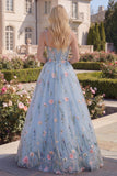 Corset floral en tulle bleu A-Line avec appliques, longue robe de bal avec fleurs 3D