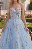 Corset floral en tulle bleu A-Line avec appliques, longue robe de bal avec fleurs 3D