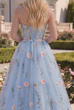 Corset floral en tulle bleu A-Line avec appliques, longue robe de bal avec fleurs 3D