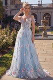 Corset floral en tulle ligne A bleu à épaules froides, longue robe de bal appliquée avec fleurs 3D