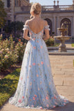 Corset floral en tulle ligne A bleu à épaules froides, longue robe de bal appliquée avec fleurs 3D