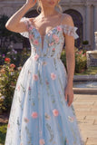 Corset floral en tulle ligne A bleu à épaules froides, longue robe de bal appliquée avec fleurs 3D