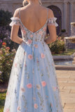 Corset floral en tulle ligne A bleu à épaules froides, longue robe de bal appliquée avec fleurs 3D
