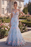 Corset floral trompette bleu tulle décollé avec appliques, longue robe de bal avec fleurs 3D