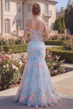 Corset floral trompette bleu tulle décollé avec appliques, longue robe de bal avec fleurs 3D