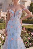 Corset floral trompette bleu tulle décollé avec appliques, longue robe de bal avec fleurs 3D