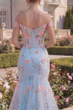 Corset floral trompette bleu tulle décollé avec appliques, longue robe de bal avec fleurs 3D