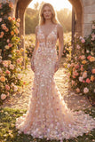 Robe longue de bal de promo longue en tulle en tulle champagne à col en V à fleurs appliquées