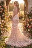 Robe longue de bal de promo longue en tulle en tulle champagne à col en V à fleurs appliquées