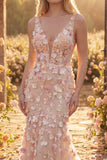 Robe longue de bal de promo longue en tulle en tulle champagne à col en V à fleurs appliquées