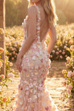 Robe longue de bal de promo longue en tulle en tulle champagne à col en V à fleurs appliquées