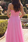 Robe de bal longue sans bretelles en tulle rose vif avec volants