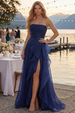 Robe longue de bal de bal, bustier bleu marine à volants, rentrée, longue robe de bal avec fente en tulle