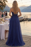 Robe longue de bal de bal, bustier bleu marine à volants, rentrée, longue robe de bal avec fente en tulle