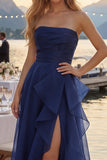 Robe longue de bal de bal, bustier bleu marine à volants, rentrée, longue robe de bal avec fente en tulle
