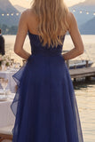 Robe longue de bal de bal, bustier bleu marine à volants, rentrée, longue robe de bal avec fente en tulle