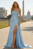 Robe de bal longue brette brettée à perles en satin bleu sirène avec fente