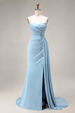 Robe de bal longue brette brettée à perles en satin bleu sirène avec fente