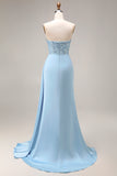 Robe de bal longue brette brettée à perles en satin bleu sirène avec fente