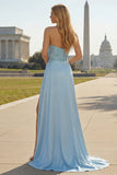 Robe de bal longue brette brettée à perles en satin bleu sirène avec fente