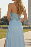 Robe de bal longue brette brettée à perles en satin bleu sirène avec fente