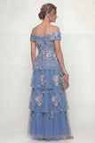 Robe de la mère de la mariée à épaules nuancée, bleu poussiéreux à étages