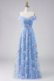 Robe de mère de mariée bleu dénudé sur les épaules dénudées, ligne A brodée