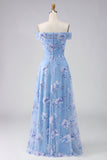 Robe de mère de mariée bleu dénudé sur les épaules dénudées, ligne A brodée