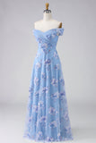 Robe de mère de mariée bleu dénudé sur les épaules dénudées, ligne A brodée