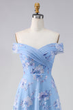 Robe de mère de mariée bleu dénudé sur les épaules dénudées, ligne A brodée