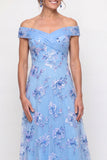 Robe de mère de mariée bleu dénudé sur les épaules dénudées, ligne A brodée