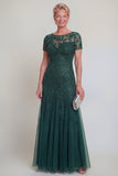 Robe de mère de mariée à col rond vert foncé appliquée