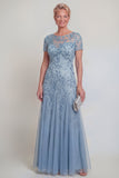 Robe de mère de mariée à col rond vert foncé appliquée