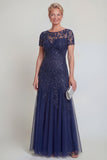 Robe de mère de mariée à col rond vert foncé appliquée