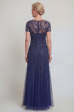 Robe de mère de mariée à col rond vert foncé appliquée