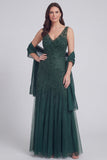 Robe longue de la mère de la mariée en tulle à col en V gris-bleu bleu