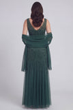 Robe longue de la mère de la mariée en tulle à col en V gris-bleu bleu