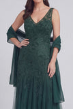 Robe longue de la mère de la mariée en tulle à col en V gris-bleu bleu