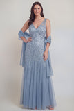Robe longue de la mère de la mariée en tulle à col en V gris-bleu bleu