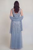 Robe longue de la mère de la mariée en tulle à col en V gris-bleu bleu